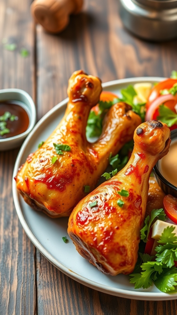 Golden-brown oven-baked chicken drumsticks on a plate with herbs and salad.